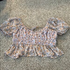 ARULA Purple and Orange flower patterned Smocked Peplum Blouse